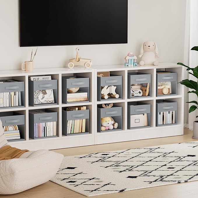 DIMJ Storage Cubes, 11x 11 inch Cube Storage Bin, 6 Pack Closet organizers and storage Bins with Window, Collapsible Baskets with Handle for Shelves, Clothes, Toys, Books (Grey)