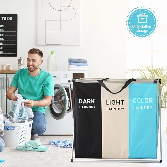 Laundry Cloth Hamper Sorter Basket Bin Foldable 3 Sections with Aluminum Frame 26InIn×24InInH Washing Storage Dirty Clothes Bag (3 Liner, Black + white + sky blue)