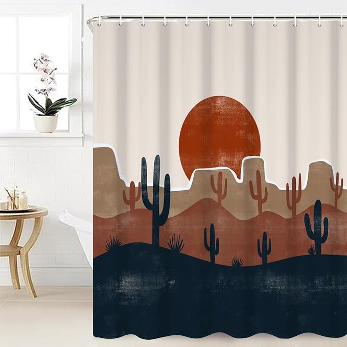 Abstract Mid Century Bohemian Bathroom Shower Curtain Desert Cactus Red Sun with Hooks Waterproof Fabric Polyester Modern Aesthetics Home Decorative, 72x84 Inch