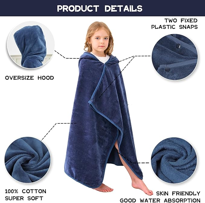Hiturbo Kids Hooded Bath Towel: 100% Cotton Soft Thick Absorbent Towels Wrap - 50"x30" Shower Beach Pool Wearable Blanket for 3-12 Yrs Boys Girls - Navy