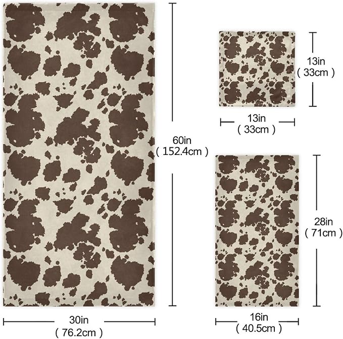 3 Piece Western Cow Print Bath Towels Set,Microfiber Absorbent Rustic Brown Farm Animal Cowhide Towels for Bathroom,1 Bath Towel,1 Hand Towel,1 Washcloth,Cow Gifts Decorative Bathroom Towels