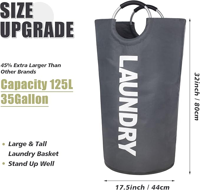 Twira 125L Pro XX-Large Laundry Baskets, Laundry Hamper Stands Up Well, Laundry Bag with Padded Handles, Waterproof Laundry Basket Collapsible, Clothes Hamper for College, Bathroom (Dark Grey)
