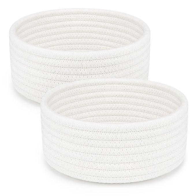 ABenkle 2 Pack Small Baskets, Cotton Rope Woven Basket, Cute Mini Tiny Storage Baskets, Decorative Boho Basket for Nursery Living Room Bedroom Shelf, Empty Gift Baskets for Mother's Day - White
