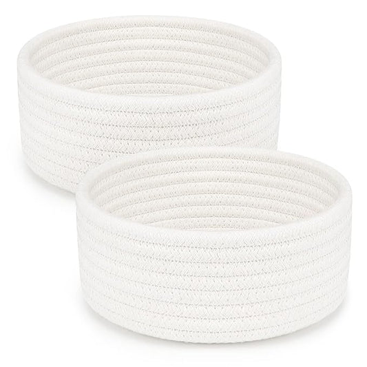 ABenkle 2 Pack Small Baskets, Cotton Rope Woven Basket, Cute Mini Tiny Storage Baskets, Decorative Boho Basket for Nursery Living Room Bedroom Shelf, Empty Gift Baskets for Mother's Day - White
