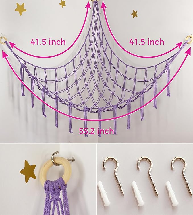 Stuffed Animal Storage Hammock or Net - Toy Hammock Net for Stuffed Animals Corner - Hanging Stuff Animal Organizer Holder Ideas for Plush Plushie - Purple Kids Baby Nursery Wall Bedroom Room Decor