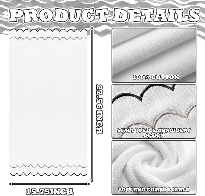 2 Pcs Scalloped Hand Towels 100% Cotton Fingertip Towels for Bathroom 15.75 x 27.56 Inch 600 GSM Cute Soft Absorbent Embroidered Decorative for Home Hotel(Gray and Black,Classic)