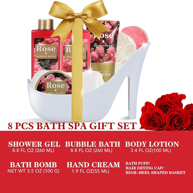Spa Luxetique Gifts for Women High Heel Gift Set for Women 8pcs Bath Sets Romantic Rose Home Spa Kits for Wife Girlfriend Mom Grandma Valentines Day Gifts for Her