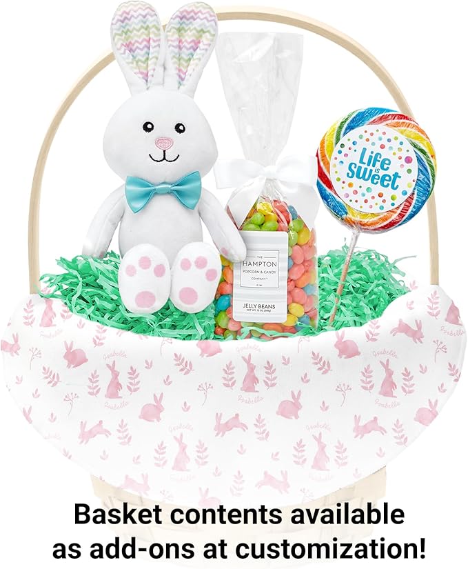 Let's Make Memories Personalized Easter Basket for Kids - For Boys - For Girls - Create Your Own - Fillable - Wicker - Easter Basket Stuffers - Large - Pink Rabbit