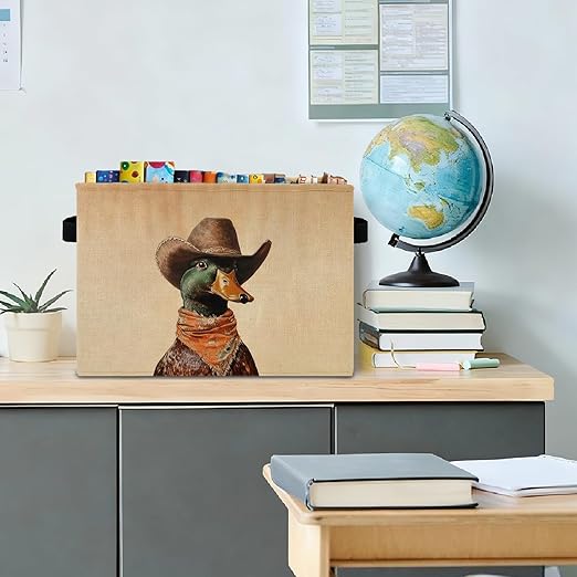 Western Cowboy Mallard Duck Storage Bins Box with Handles, Mallard Duck Nursery Decor, Ducks Laundry Basket Hamper Collapsible Clothes Toys Organizer for Kids Boys Bedroom Bathroom