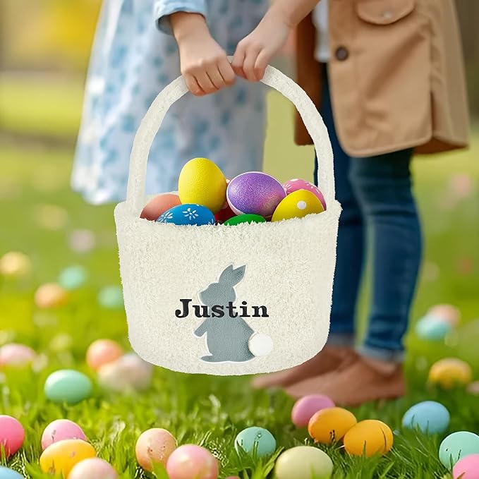 Easter Basket for Kids, VAPCUFF Easter Bunny Basket, Personalized Easter Baskets, Easter Basket with Name - - White Basket Grey Bunny