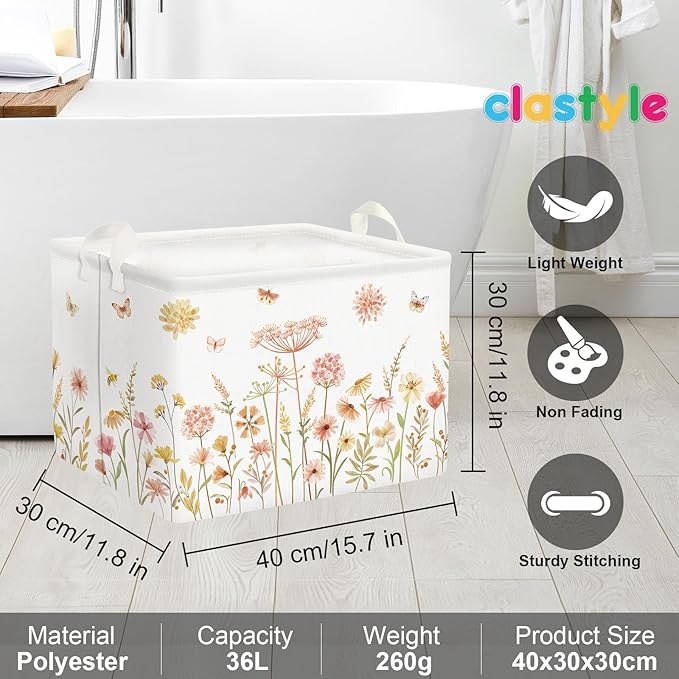 Clastyle Boho Flower Nursery Bin Spring Summer Wildflower Floral Dandelion Plant Butterfly Baby Girl Gift Basket Rectangle Clothes Towel Basket Book Toy Chest