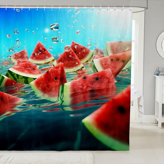 3D Watermelon Shower Curtain, Summer Fruits Bathroom Decor, Red Blue Microfiber Waterproof Curtain, 12 Hooks, 72"Wx78"L
