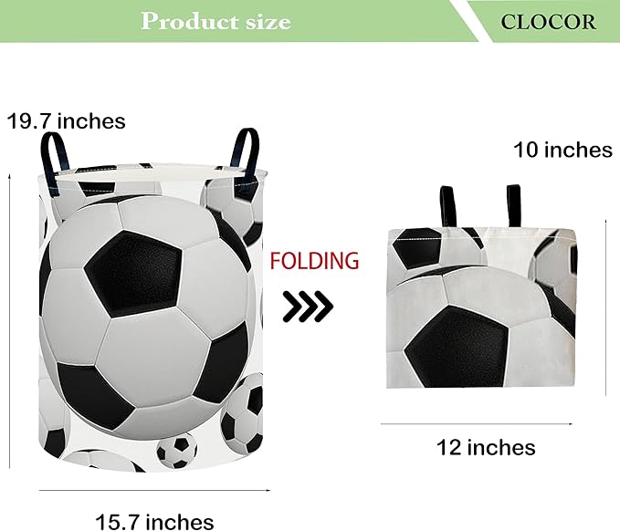 CLOCOR Round Collapsible Flat Storage Basket,Space-Saving Fabric Laundry Hamper for Clothes,Nursery Hamper,Gift Basket(Big Football)