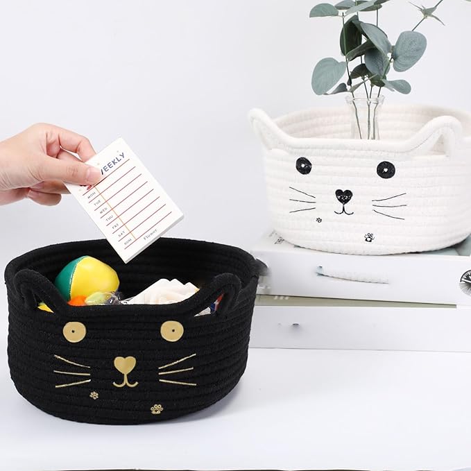 Zopeal Cat Basket Storage Woven Organizer with Ears Christmas Decorative Pet Toy Cute Cotton Rope Basket for Gift Cat Dog Toy Bin Nursery Room(8.3 x 4.7 Inch,Black)