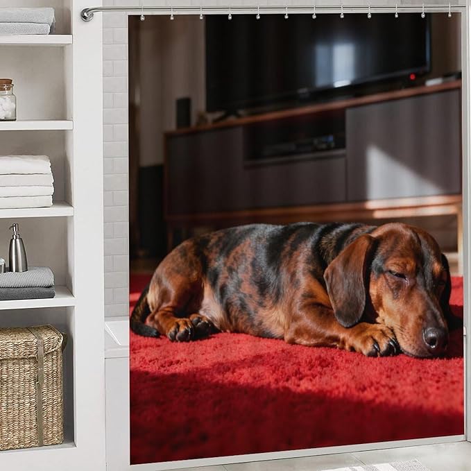4 Piece Bathroom Rug Set with Shower Curtain, Non-Slip Bath Mat Toilet Cover Set, Dachshund Bathroom Rug Sets