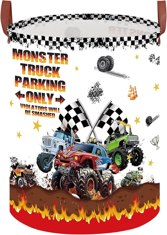 Monster Trucks Storage Basket Laundry Hamper with Monster Truck Parking Sign,Car Room Decor for Boys,Kids Laundry Basket Gift Bag Storage Organizer(Monster Trucks-Flag)