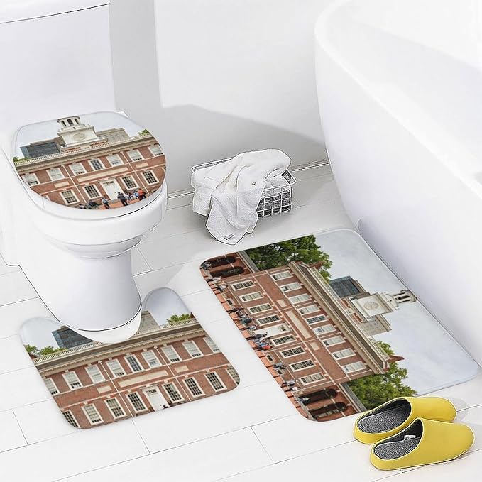 4 Piece Bathroom Rug Set with Shower Curtain, Non-Slip Bath Mat Toilet Cover Set, Independence Palace Bathroom Rug Sets