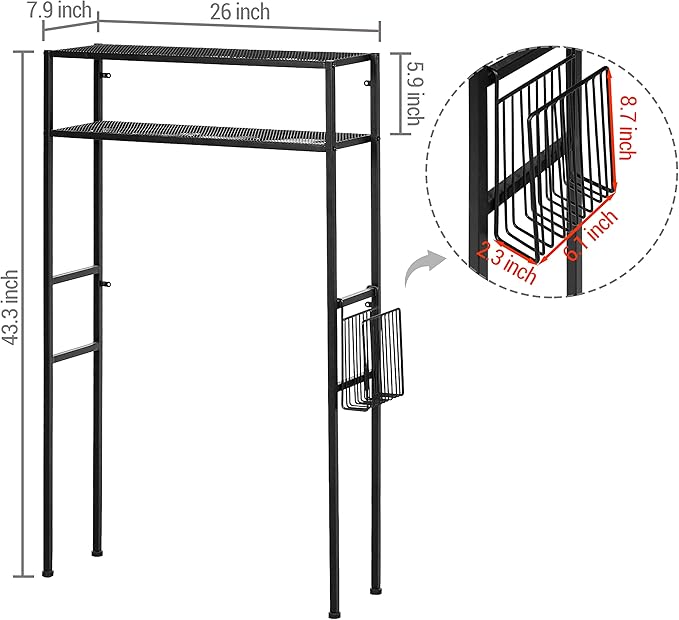 MyGift 2-Tier Over The Toilet Storage Rack, Over Toilet Bathroom Organizer, Freestanding Above Toilet Shelf with Removable Magazine Holder Basket, Black Metal Cabinet for Laundry Space Saver