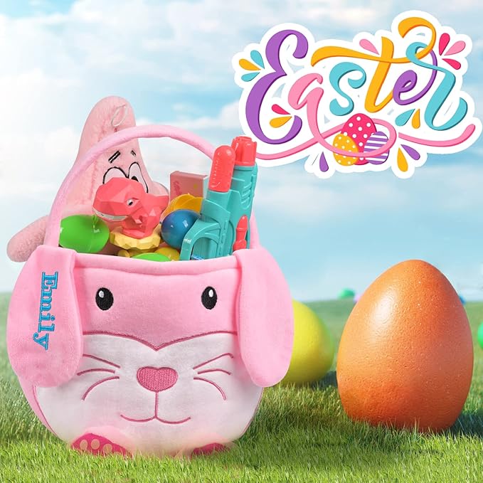 Personalized Easter Basket, PEMIRSAYO Easter Baskets for Kids Easter Bunny Baskets Custom Easter Basket Personalized Easter Gifts Toddler Easter Baskets Empty - Pink