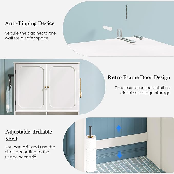 Over The Toilet Storage Cabinet with Free-Standing Cabinet & Towel Holder, Bathroom Storage Cabinet with 4 Section Drawers, Adjustable Shelves & Paper Holder for Bathroom, Laundry Room, White