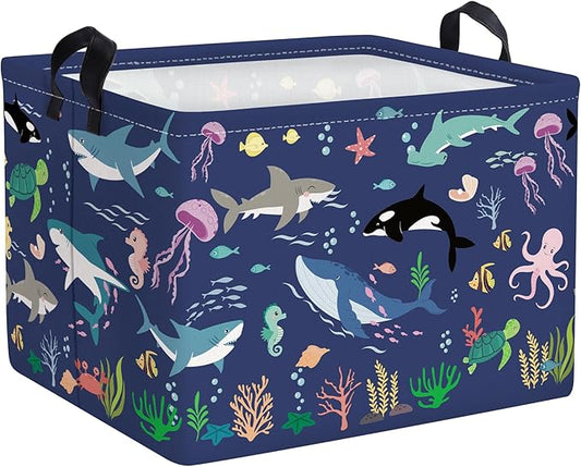 Clastyle Fish Sea Turtle Baby Basket Ocean Coral Seaweed Starfish Toy Book Shelf Basket Waterproof Pool Toy Beach Towel Storage Bin Large Dirty Clothes Laundry Hamper, Whales, 40*30*30 cm