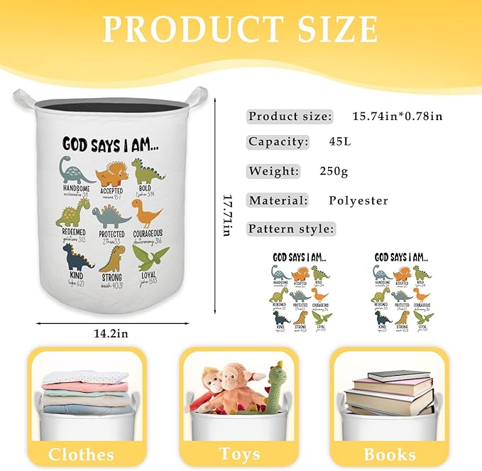 God Say I Am Dinosaur Nursery Laundry Basket, Toybox for Boys Room, Christian Laundry Basket Hamper Waterproof Collapsible Clothes Toys Storage Bin Organizer for Bedroom Bathroom Kids Room Dorm