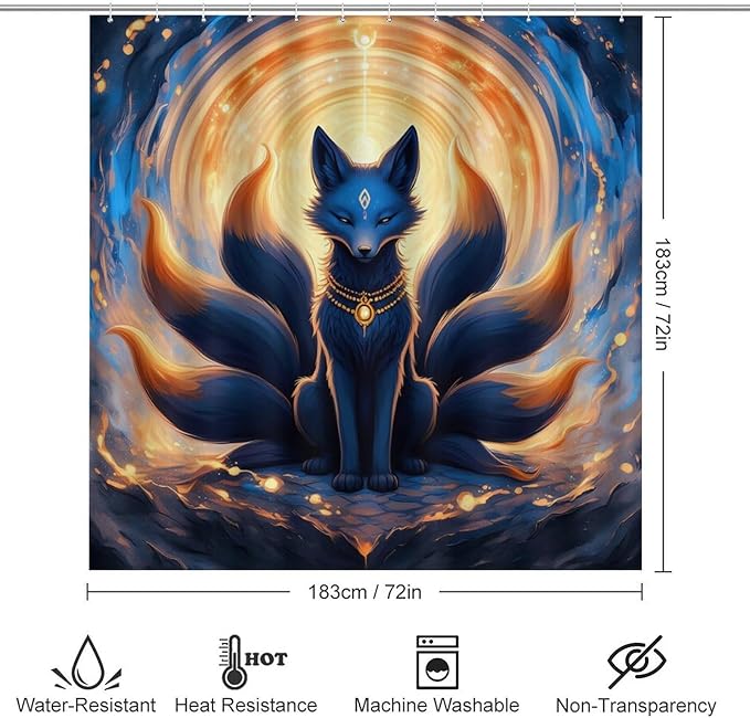 4 Piece Mythical Creature Kitsune Fox Shower Curtain + Bath Mats Set, Waterproof Contemporary Bath Room Curtains Absorbent Plush Carpet Mats