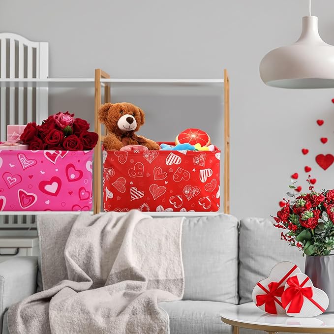 3 Pack Valentine's Day Storage Baskets Waterproof Canvas with Leather Handles Collapsible Storage Bins Cube Baskets for Closet Clothes Room Decor Gift Basket (Heart)
