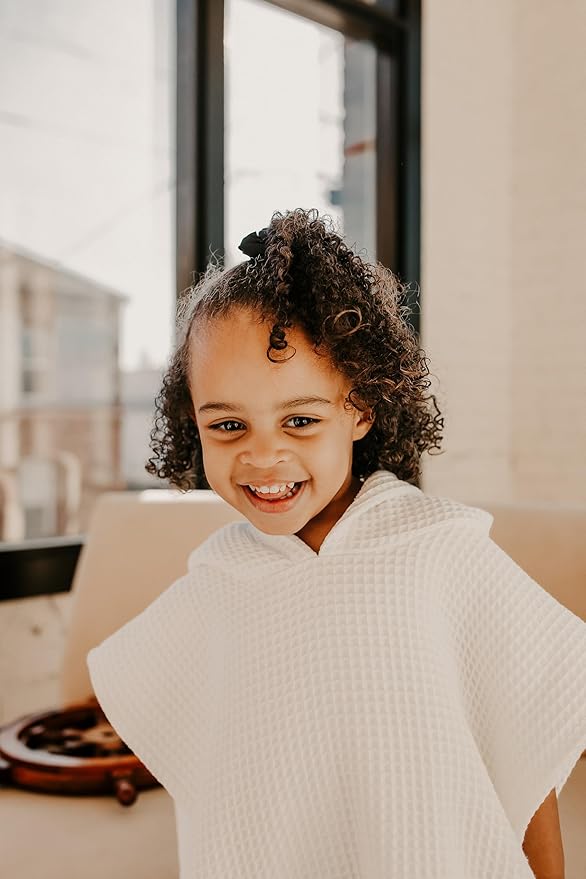 Jade&Kai Hooded Towel for Kids | Snaps into a Poncho | Organic Cotton Waffle | Lightweight and Absorbent | Bath, Beach, and Pool | Multiple Colors | (Large (6-10 Yrs), Lily White)