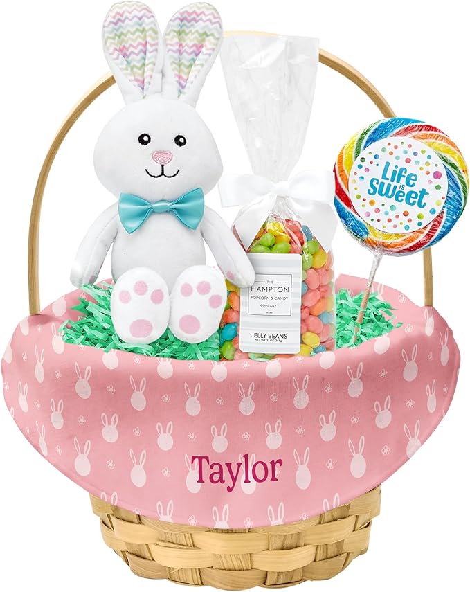 Let's Make Memories Personalized Easter Basket for Kids - For Boys - For Girls - Create Your Own - Fillable - Wicker - Easter Basket Stuffers - Small - Pink Bunny Faces