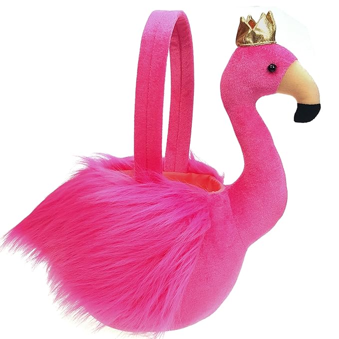 DearSun Exquisite Embroidery Name ! Personalized Easter Egg Hunting Basket 3D Plush Flamingo Basket, Lovely Candy Gift Bucket with Customization