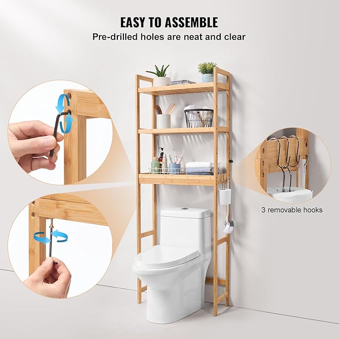 VEVOR Over The Toilet Storage, 3-Tier Adjustable Over Toilet Bathroom Organizer, Bamboo Storage Shelf Rack with 3 Hooks, Freestanding Easy Assembly Laundry Space Saver, Fit Most Toilets, Gray