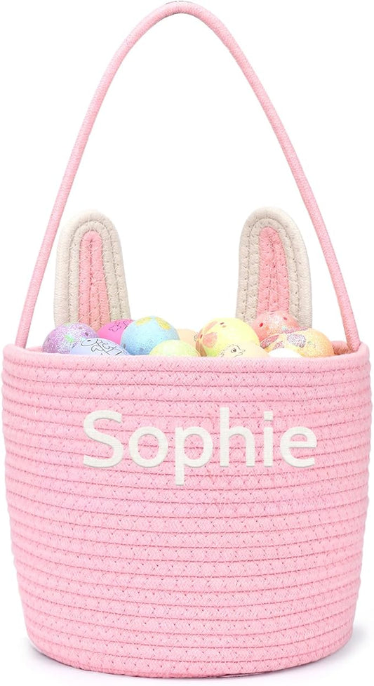 Personalized Easter Basket for Kids with Name - Custom Cute Embroidery Easter Bunny Rope Basket for Boys Girls, Easter Egg Hunt Basket (Pink)