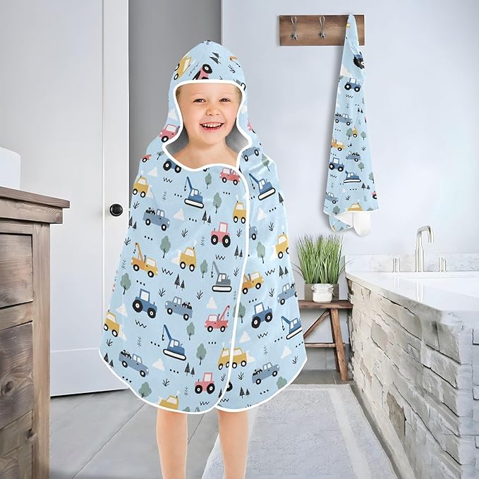 Cartoon Car Hooded Beach Towel for Kids, Kids Bath Hooded Towels for Boys Girls, Super Soft Absorbent Bathrobe with Hood for Swin Pool 50"x23.5"