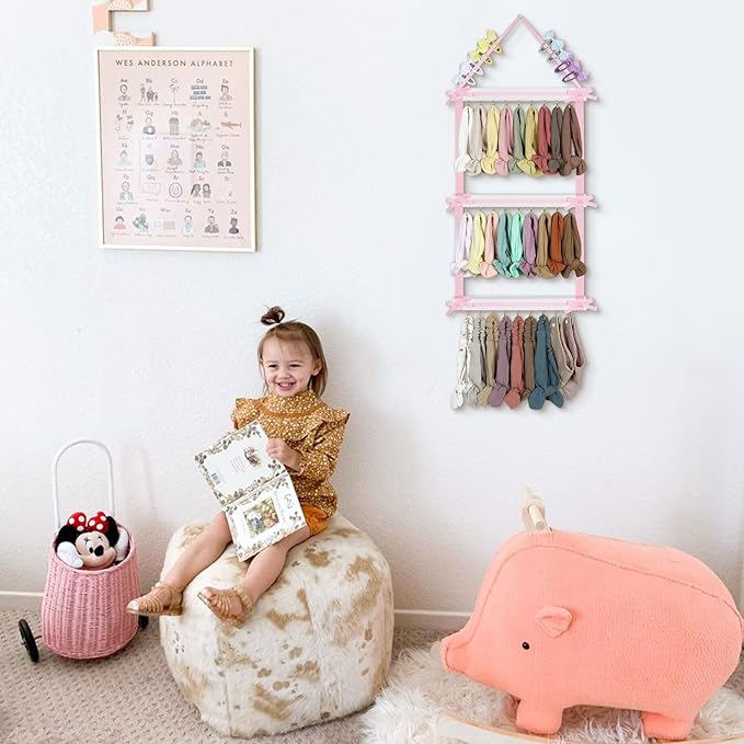 POVETIRE Headband Holder for Baby Girls, Hanging Headband Organizer Nylon Hairband Storage, Wall Hair Accessories Organizer Display for Nursery Room Decor