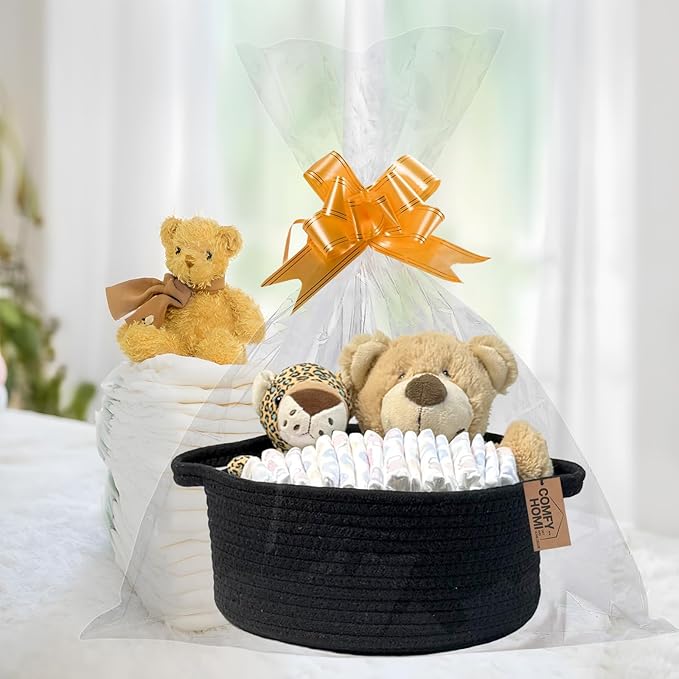 COMFY HOMI Small Woven Gift Baskets with Handles, Gift Bags and Ribbons - Cotton Rope Storage Basket for Organizing, Dog Toy Basket Box, Gift Baskets Empty, Mother’s Day-φ11X5 Inch（all black）