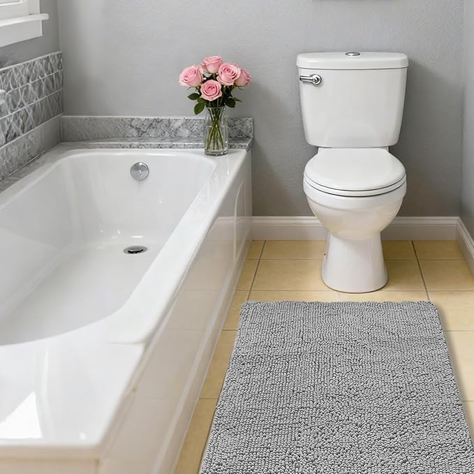 Gray Bathroom Rugs 24"x36" - Plush Chenille Non-Slip Bath Mat - Absorbent, Washable, Soft and Thick Decor for Shower, Sink, Tub, Home Accessories