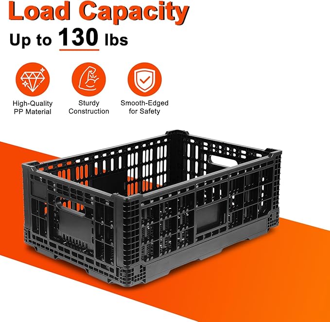 Collapsible Milk Crate, 1 pck 52L(13GAL) Stackable Storage Bins, Heavy Duty Storage Crates, Plastic Crates for Grocery, Warehouse Organization - Extra Large, Holds 130 lbs Per Bin