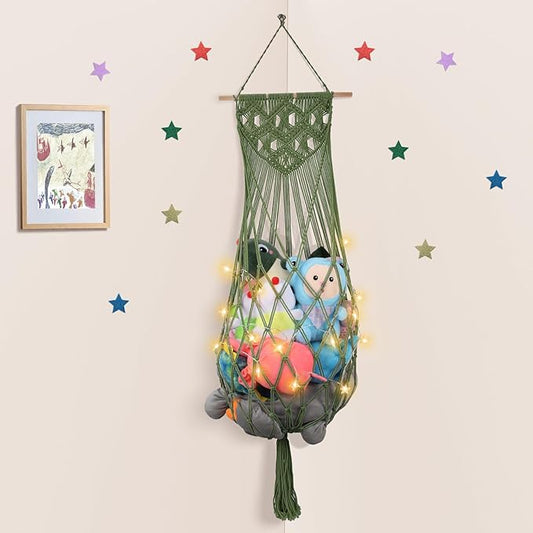 Stuffed Animal Storage, 63'' Jumbo Stuffed Animal Hammock Corner Wall Ceiling Over Door Hanging Toy Hammock Organizer, Avocado Green Toy Net w/ Boho Tassels Star Light for Nursery Boys Girls