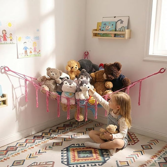 Stuffed Animals Hammock Corner Hanging Net with Tassel Macrame Stuffed Animal Storage Plush Toy Holder Toy Organizer for Boho Nursery Playroom Bedroom Kids Room (pink, large)