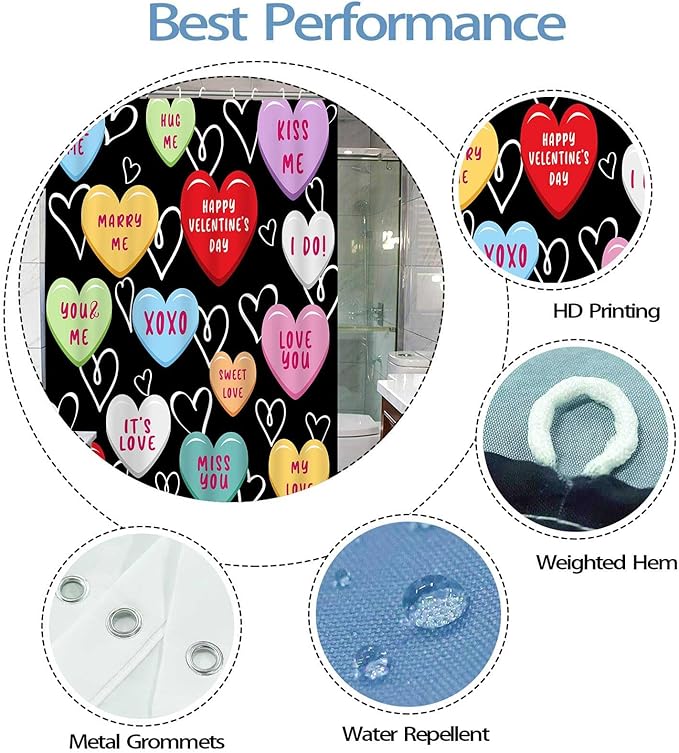 Happy Valentine Day Cute 72x78 Shower Curtain for Girls Love Me Kiss Me Red Black Love Hearts Romantic Shower Curtain Set Decor Bathroom Accessories Fabric Polyester Kid Bath Curtain with Hooks
