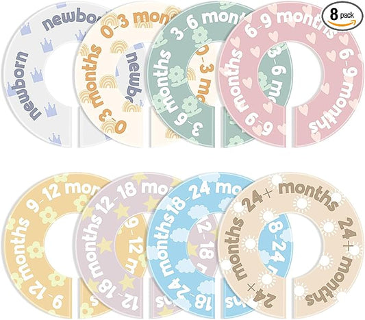 BreezeHug Baby Closet Dividers for Clothes 8 Pack Round Double-sided Size Markers from Newborn to 24+ Months Nursery Closet Organizer Decor Cute Hanger Dividers Fits Most Rods