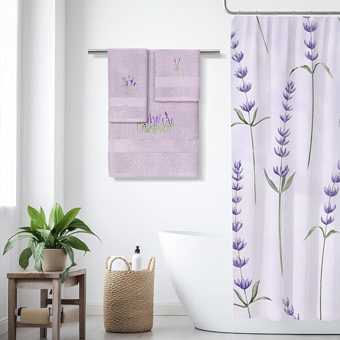 3 Pcs Lavender Floral Bathroom Towel Set Farmhouse Embroidered Lavender Floral Towels Vintage Decorative 100% Cotton Bath Towel Highly Absorbent Elegant Decor Set for Bathroom