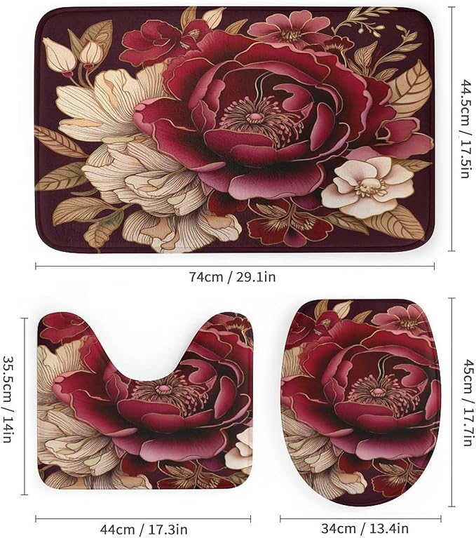 4Pcs Shower Curtain Set with Rugs Rug Toilet Lid Cover and Non-Slip U Shape Mat Elegant Burgundy Floral Waterproof Shower Curtain Red and White Floral for Bathroom Decor Set