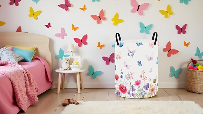 CLOCOR Round Collapsible Flat Storage Basket,Space-Saving Fabric Laundry Hamper for Clothes,Nursery Hamper,Gift Basket(Butterfly Flower)