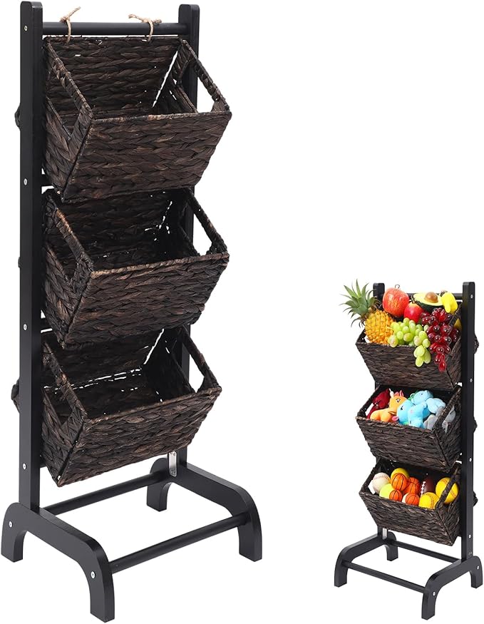 Menkxi Wicker 3 Tier Foldable Storage Basket Floor Rack with Market Storage Basket Water Hyacinth Storage Rack Hand Woven Laundry Rack for Bathroom Kitchen Laundry Room Living Room Storage (Brown)