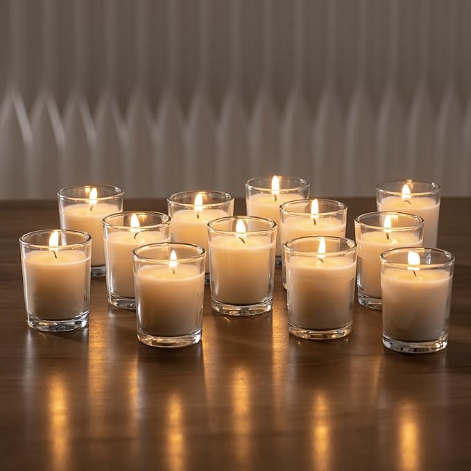 Housecret 36 Pack Warm White Unscented Clear Glass Filled Votive Candles. Hand Poured Wax Candle Ideal Gifts for Aromatherapy Spa Weddings Birthdays Holidays Party