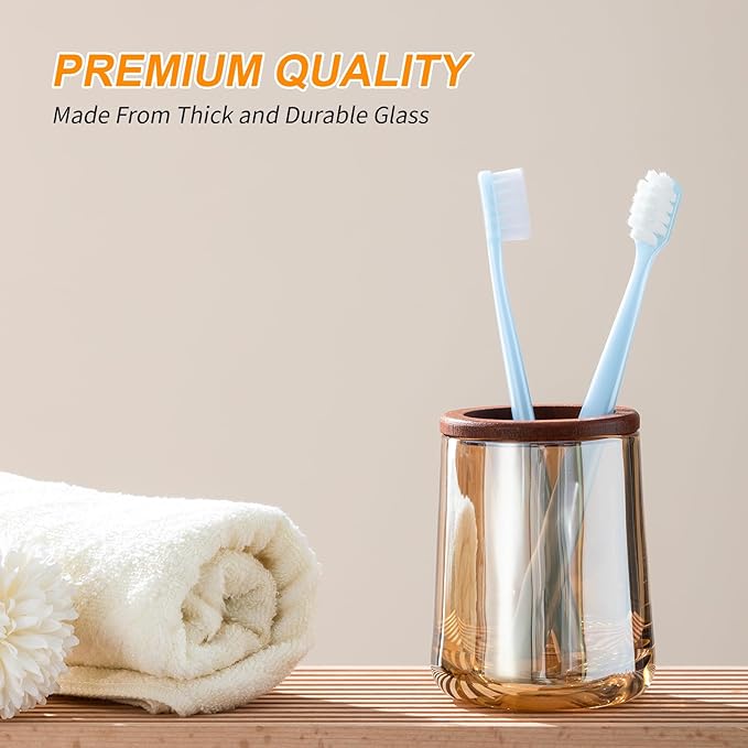 HJ 5PCS Gold Glass Bathroom Accessories Set,4mm Heavy-Duty Glass&Wood Bathroom Decor (Lotion Soap Dispenser,Aromatherapy Bottle,Soap Dish,Toothbrush Holder,Tumbler) Crystal Vintage Gift