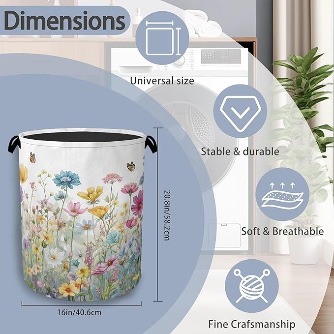 Wildflowers Laundry Basket,Garden Botanical Butterfly Oxford Cloth Laundry Hamper with Handle Foldable Portable Clothes Storage Basket for Bathroom Bedroom Dorm Room 16" x 20.8"