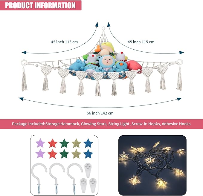 Stuffed Animals Net w/LED Star Light, 56 Inch Jumbo Toy Hammock Hanging Storage Organizer Holder Nursery Décor for Teddy Plushie, Cream Stuffed Animals Hammock Corner for Kid Girls Boys Gift